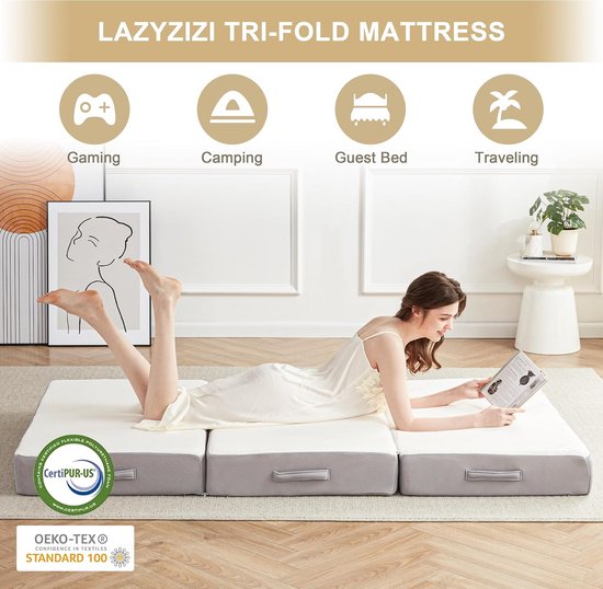 Lazyzizi Vouwmatras, 15,5 cm traagschuim, drie-voudige matras met ademende en wasbare hoes van bamboevezel, opvouwbaar vloermatras, logeerbed voor kamperen, roadtrip, eenpersoons van Merkloos — afbeelding 5