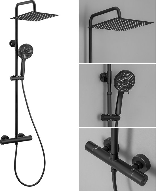 Douche à effet pluie Auralum Max avec robinet thermostatique - Avec support de douche à 2 niveaux - Pommeau de douche à 5 jets et filtre à eau - Ensemble de douche Zwart - Économie d'eau - Zwart