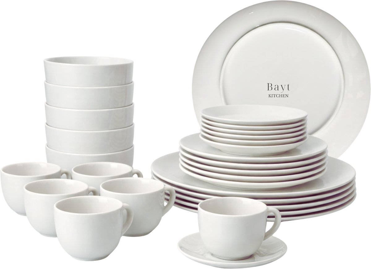 Bayt Kitchen Serviesset - Servies 6 Persoons - Servies - Bordenset - Serviesset 30 delig - Kommen- Schaaltjes - Porselein - Wit
