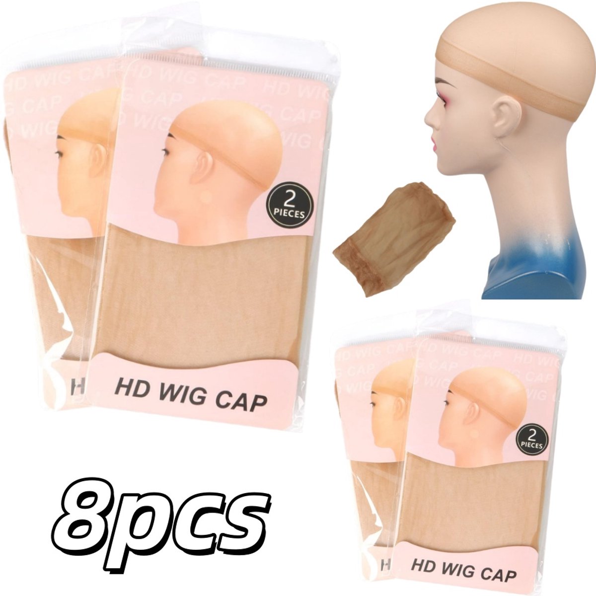 8 stuks Elastische nylon pruikmuts - High-Definition Onzichtbaar Huidkleurig Transparant - Pruikbevestigingsmuts van mesh voor dames - Hulpmiddel voor het dragen van een pruik - 53cm×25cm×0.3cm - Dagelijkse pruik voor dames - Huidkleurig