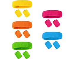 5-delige zweetbandjesset - Combinatieset van sportpolsbandjes en hoofdbandjes voor heren en dames - Perfect voor de sportschool, tennis en feestjes - Retro carnavals- en sportaccessoires - Set van 3 hoofdbandjes in 5 kleuren