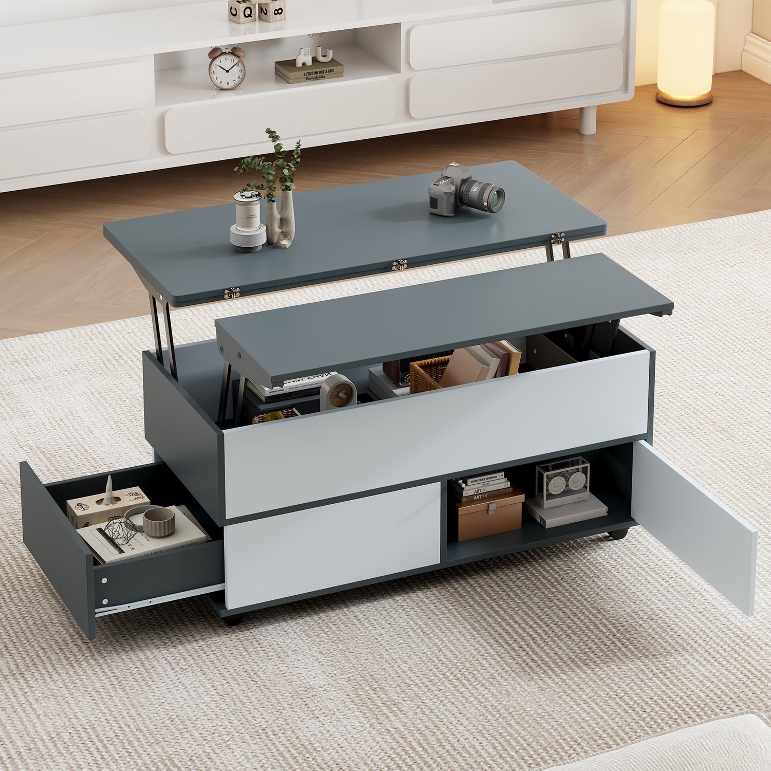 HAUSS SPOLE Salontafel - In Hoogte Verstelbaar Met Hydraulische Lift - Met Lades, Kastdeuren En Wielen - Spaanplaat - 100x98x65 Cm - Grijs Wit