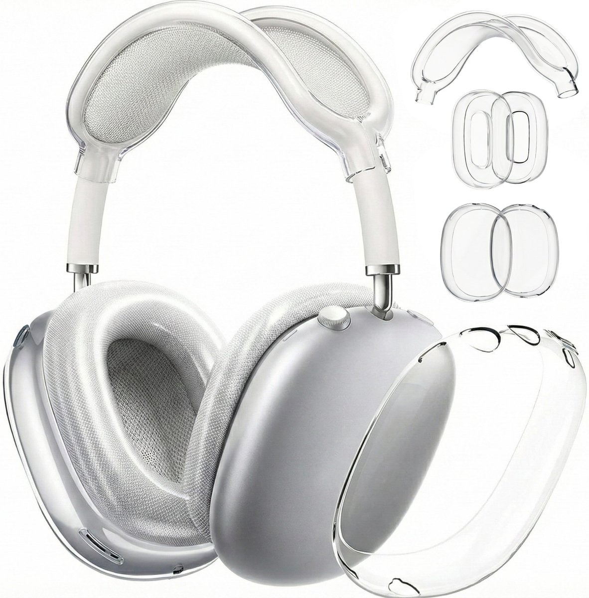 Ainy - Transparante Cover Accessoires - Koptelefoon hoes geschikt voor Apple Airpods Max | 3in1 case set hoesjes, hoofdband en oorkussens | Set van 5 stuks binnen- en buitenkant volledige bescherming