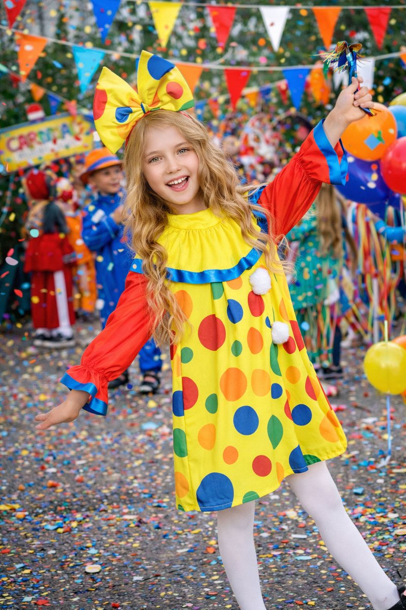 Joya Kids® Clown Verkleedjurk Meisje | Carnavalskleding Meisjes | Verkleedkleren Kind | Vrolijk Clownskostuum | Verkleed Kleren Kinderen | Incl Grote Strik Haarband | Meisjes Verkleedkleding Carnaval & Halloween | | | Medium — afbeelding 2