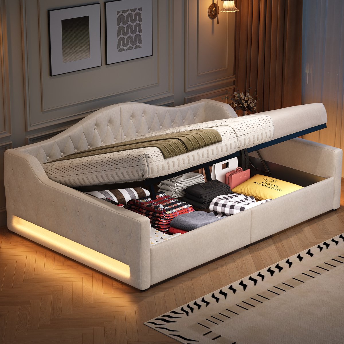 Sweiko Slaapbank - 140x200 cm - LED-verlichting - Opbergruimte - Gestoffeerd bed - Beige