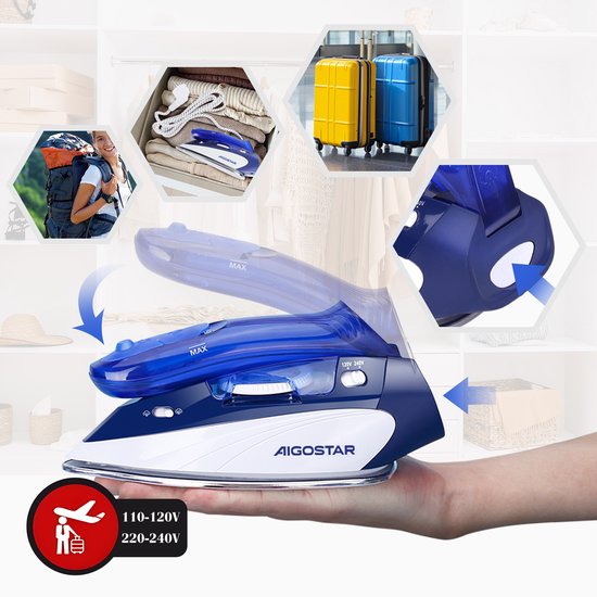 Hand met blauw en wit opvouwbaar strijkijzer. Bovenin: opgevouwen kleding; koffers; waterreservoir.