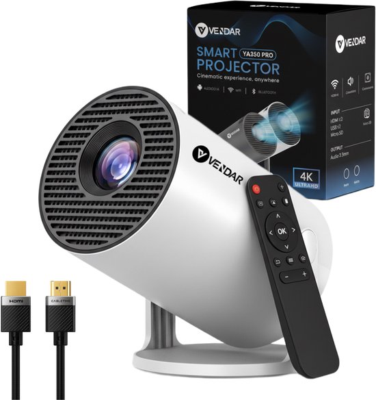 Projecteur Vendar® YA350 Pro Mini (2025) – 350 lumens ANSI – Projecteur Smart compatible 4K – Android 14 intégré – Wi-Fi 6 et Bluetooth 5.4 – Compatible iOS et Android – Home Cinéma – Wit