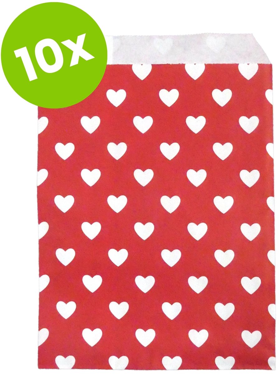 Papieren zakjes - cadeauzakjes - uitdeelzakjes - rood met witte hartjes - 10 stuks - 13x16 cm