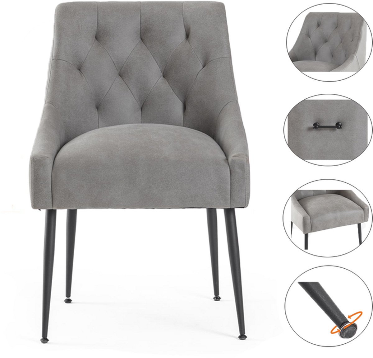Fauteuil - Gestoffeerd - Grijs - Moderne eetkamerstoel - Voorzien van een comfortabele ergonomische rugleuning en stevige metalen poten - Geschikt voor keukens, woonkamers en eetkamers