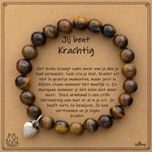 Bixorp Tijgeroog Armband op Cadeau Kaartje - Jij bent Krachtig - 8mm / 18cm Edelsteen Kralenarmband - Met hartje Hanger - Inclusief Cadeau Envelop