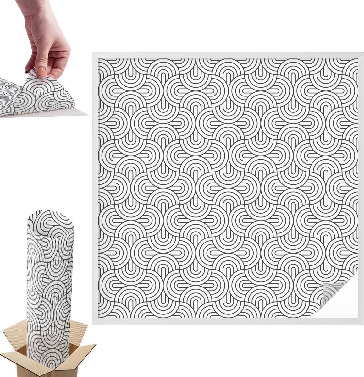 TULUP Raamfolie Anti inkijk - Geometrische halve cirkels Anti inkijk Raamfolie - 100x100 cm - Zwart-wit Raamfolie Tegen inkijk - Zelfklevende Anti inkijk Folie Glas in Lood - Voor de woonkamer, voor het kantoor, voor de slaapkamer Zwart-wit - Geometrische halve cirkels