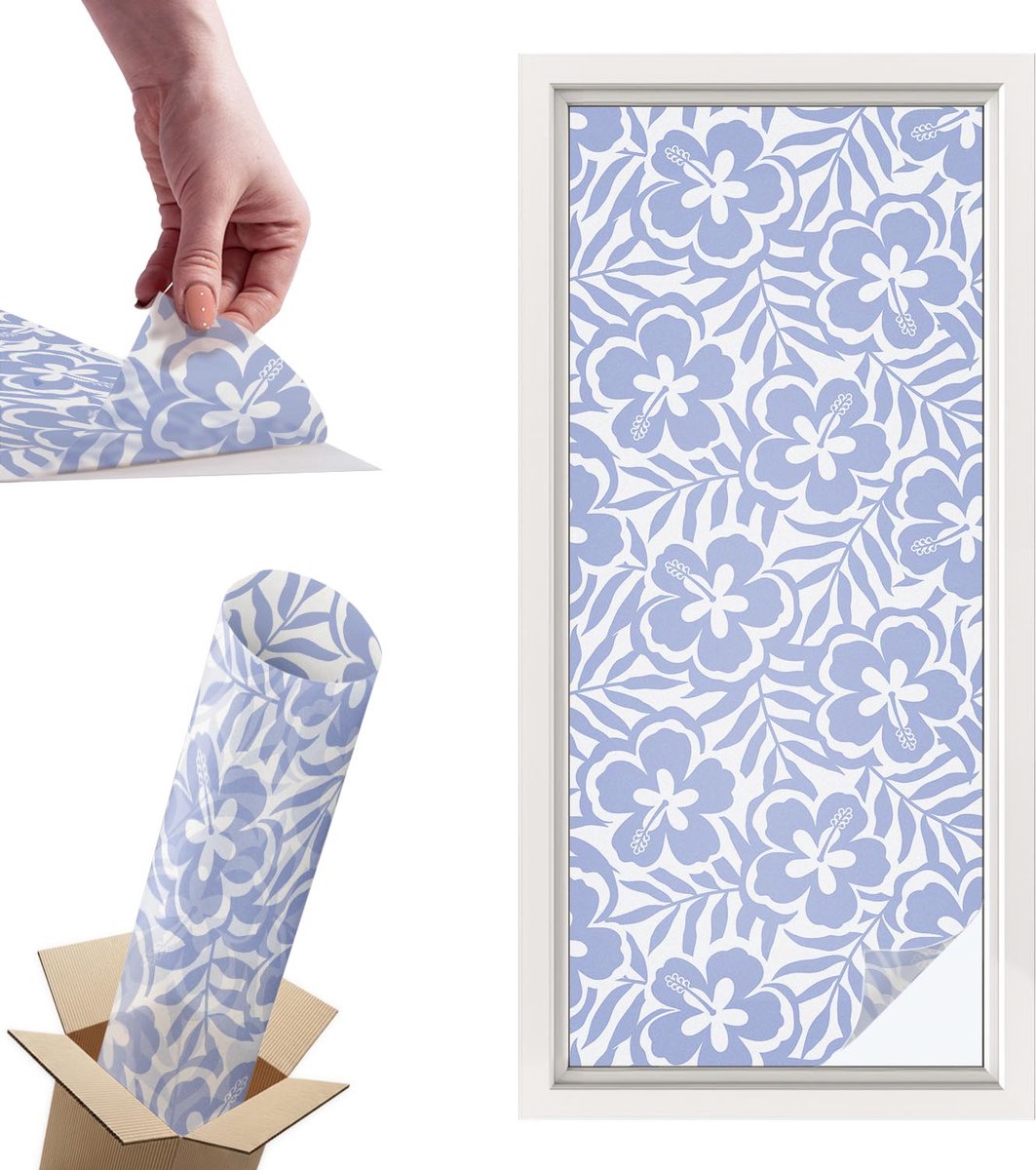 TULUP Raamfolie Anti inkijk - Hibiscusbloemen Privacy Folie Raam - 50x116 cm - Blauw Anti inkijk Folie - Raamfolie Tegen inkijk Glas in Lood - Voor de slaapkamer, badkamer en woonkamer. - Raamfolie Zonwering Blauw - Hibiscusbloemen