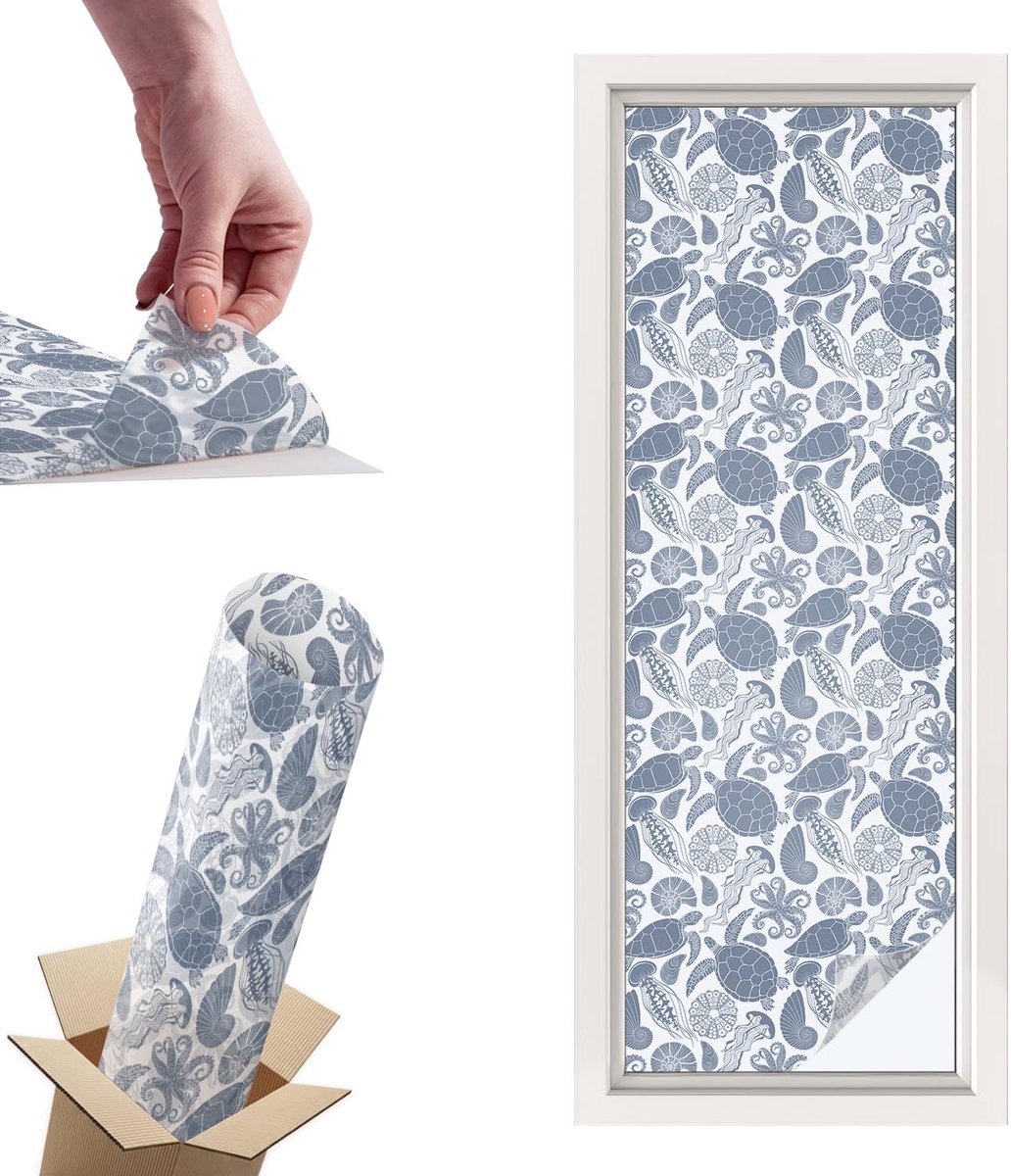 TULUP Raamfolie Anti inkijk - Oceaanleven Privacy Folie Raam - 50x146 cm - Blauw Anti inkijk Folie - Raamfolie Tegen inkijk Glas in Lood - Voor de badkamer, slaapkamer, hal - Raamfolie Zonwering Blauw - Oceaanleven