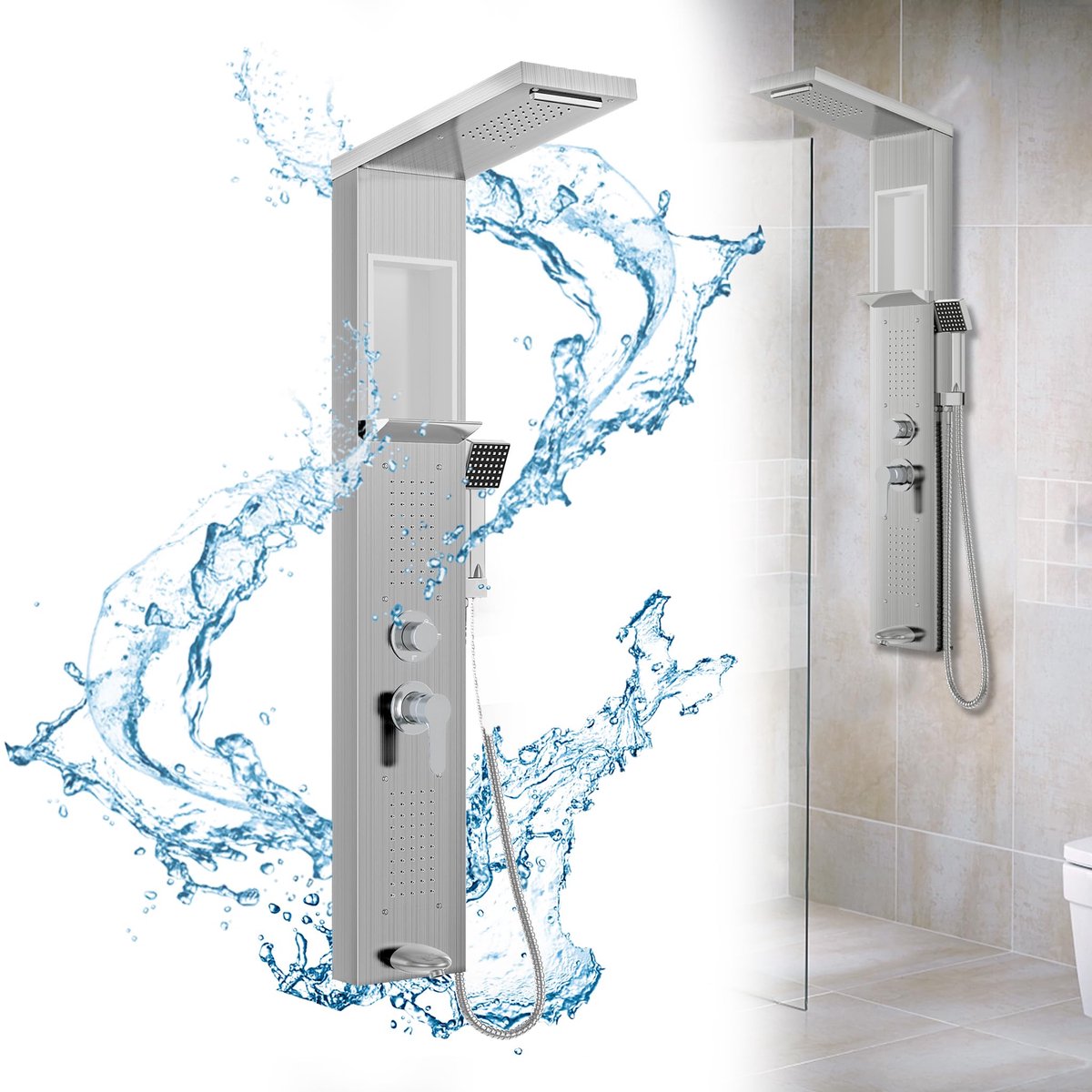 Aufun Douchepaneel RVS met planken - Geborsteld - 5-in-1 Douchesysteem met Regendouche, Waterval, Massage & Handdouche