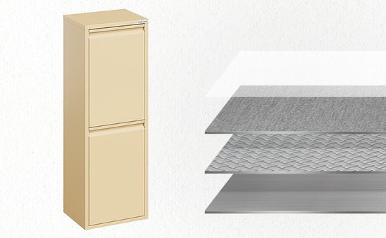 Een ivoorkleurige prullenbak met twee deuren, naast een illustratie van gelaagd materiaal.