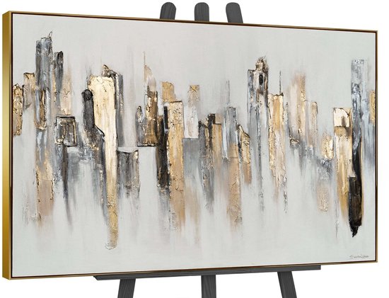 YS Schilderij "City Rhythms" - Toile peinte à la main 120x80 cm - Décoration murale Art moderne - Grijs et or - Salon - Décoration murale salon - Décoration chambre - Accessoires de chambre - Tableaux salon