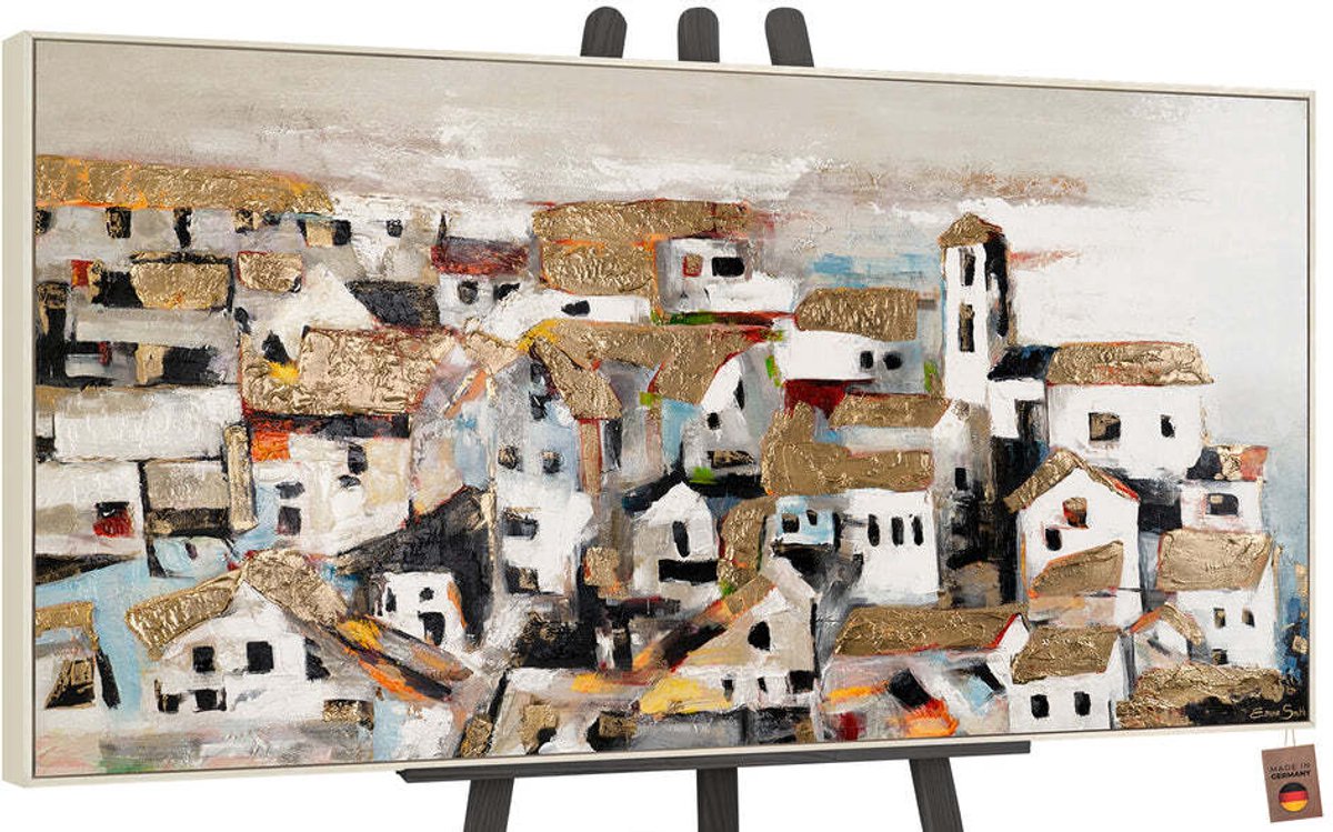 Canvas schilderij groot handgeschilderd huisje zonlicht natuur nostalgisch – YS-Art Gallery – Warme wanddecoratie voor woonkamer – Modern schilderij voor slaapkamer en hal beige