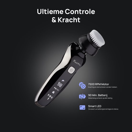 Zwarte elektrische gezichtsborstel met een zilveren accent en een digitaal display, met tekst over motor, batterij en LED.