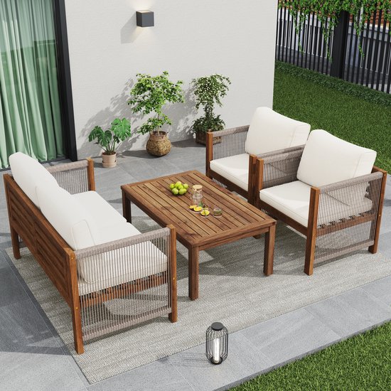 Loungeset, Tuinmeubelset, met comfortabele kussens, Zitgroep, Zitgarnituur Terrasmeubelen, 2-zits bank, 2 fauteuils en tafel, Outdoor, Tafel en Stoelen, Rattan look, Acacia, Beige