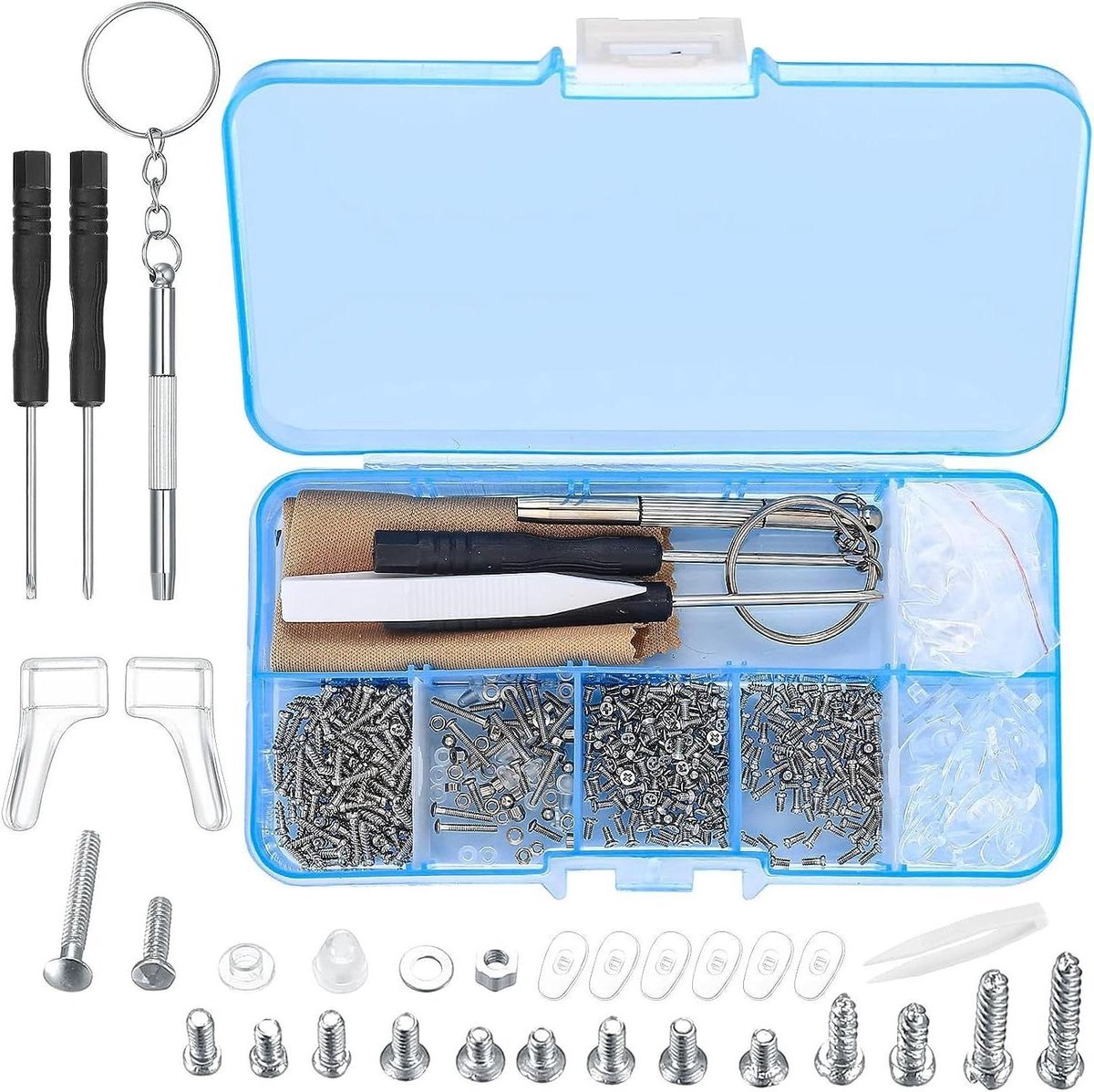 Brillenreparatieset met 500 stuks kleine schroeven, moeren, neuspads, pincet en schroevendraaier. Handig gereedschap voor brillenreparatie en reiniging.
