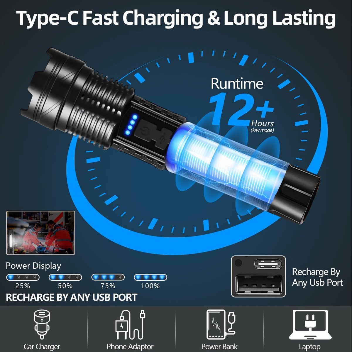 2 items - zaklamp - LED-zaklamp - maglite - 90000 lumen - 7 lichtstanden - Oplaadbaar - Inclusief COB-zijlicht - IPX6 waterdicht - Verstelbare focus - Geschikt voor kamperen — cadeau in Sport & Outdoor - foto 2