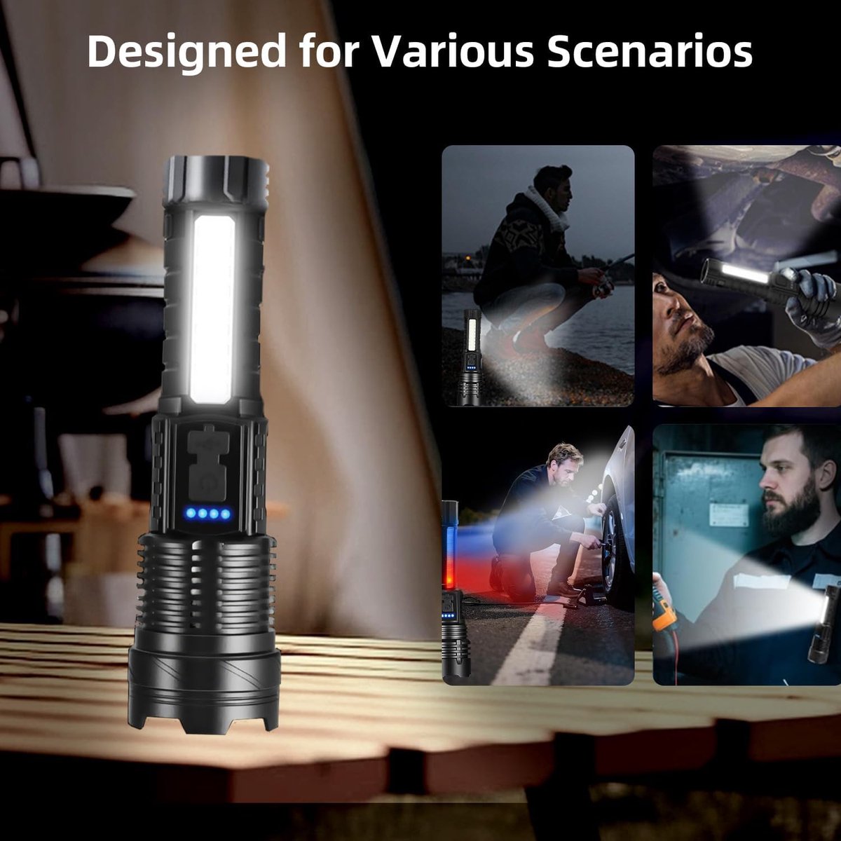 2 items - zaklamp - LED-zaklamp - maglite - 90000 lumen - 7 lichtstanden - Oplaadbaar - Inclusief COB-zijlicht - IPX6 waterdicht - Verstelbare focus - Geschikt voor kamperen — cadeau in Sport & Outdoor - foto 3