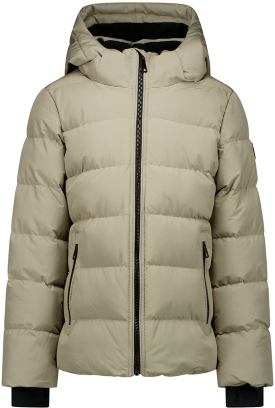 Beige meisjes winterjas met capuchon, ritssluiting, steekzakken en zwarte boorden.