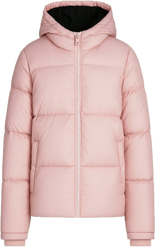 Roze gewatteerde jas met capuchon en zwarte voering, ritssluiting aan de voorzijde.