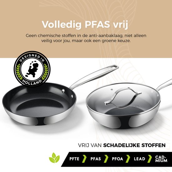 Zwarte koekenpan met glanzend zilveren handvat en een glanzende zilveren pan met deksel, beide vrij van PFAS.