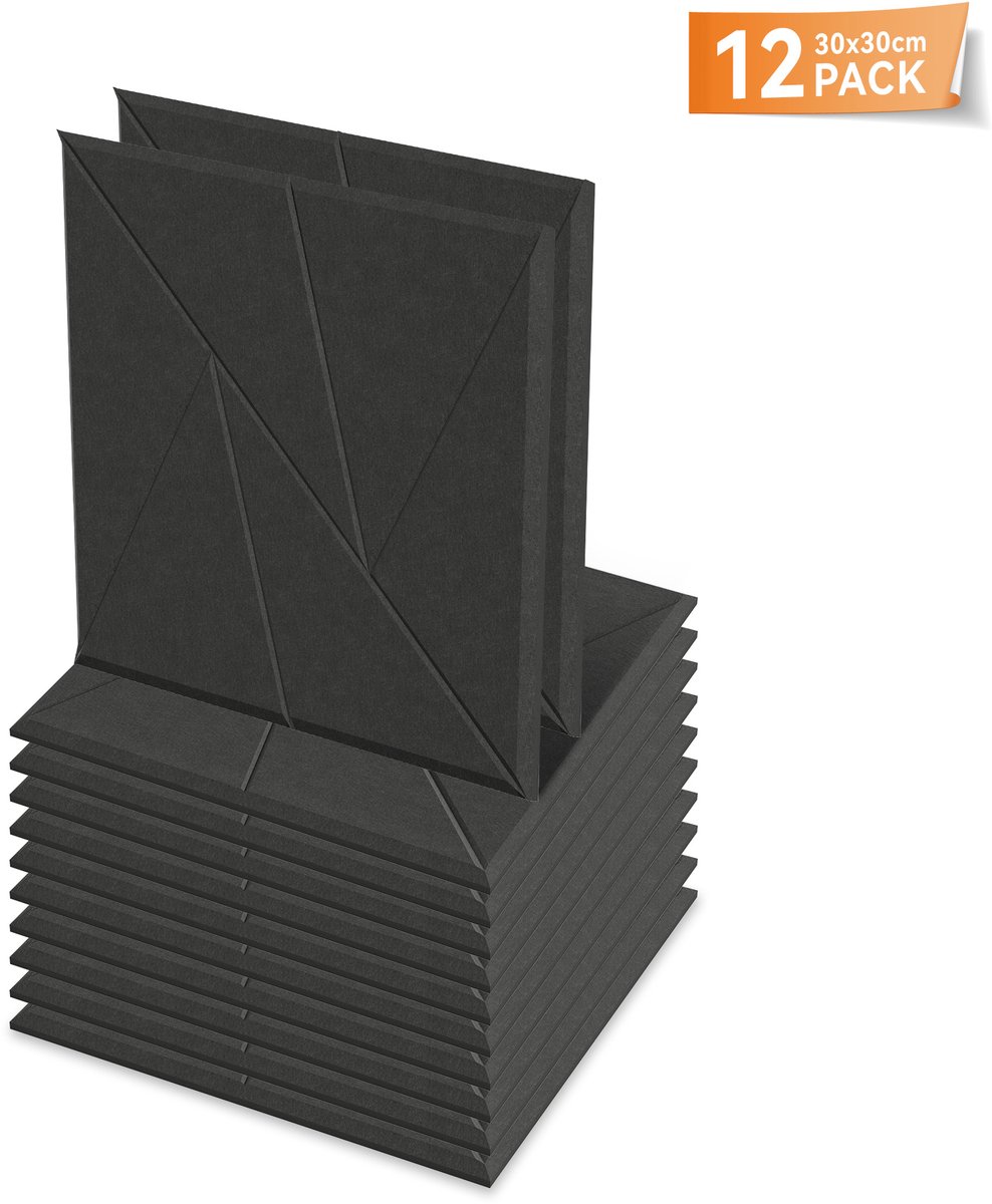 Aufun V-vormige Akoestische Panelen 30x30cm Zwart - 12 Stuks Zelfklevende Wandbekleding