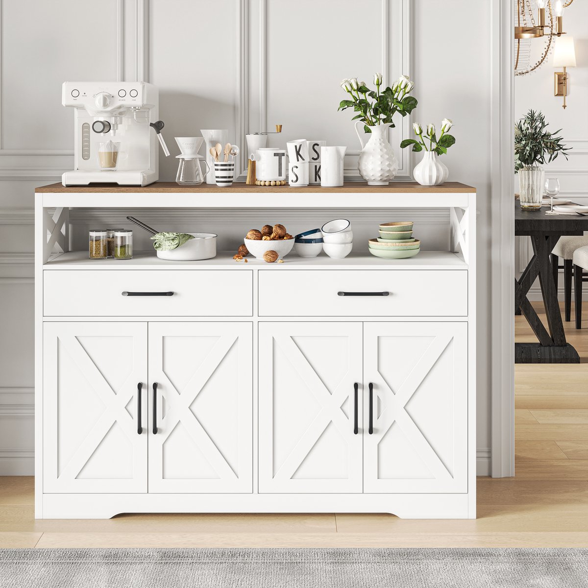 Modern Landelijk Sideboard met Houten Bovenblad – Opbergkast met Lades en Open Vak