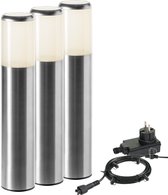 Xelloo® Novu LED Tuinverlichting set van 3 stuks - 8 meter - Warm Wit Licht - 12V Grondspots voor buiten met Stekker - IP44 Waterbestendig - RVS Tuin Verlichting op Stroom 12 Volt - Inclusief trafo, kabel en schuifsysteem - Padverlichting
