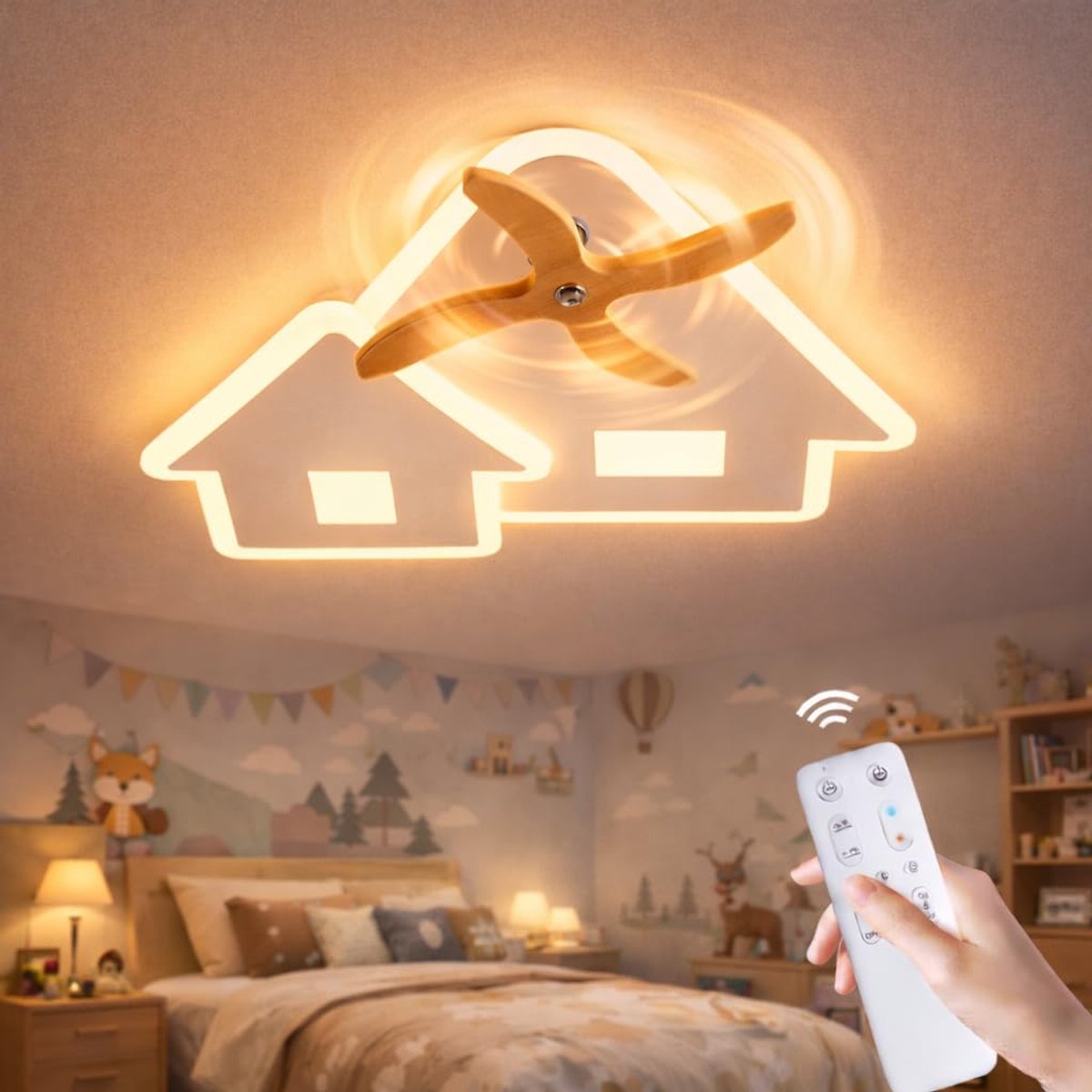Epochglo LED Plafondlamp Kinderkamer - Wit Huis Design met Houten Windmolen (Draaibare Wieken) - 28W 2380LM - Dimbaar (3000K-6000K) - Afstandsbediening, Nachtlampje & Timer - Vrolijke Slaapkamerlamp voor Meisjes & Jongens