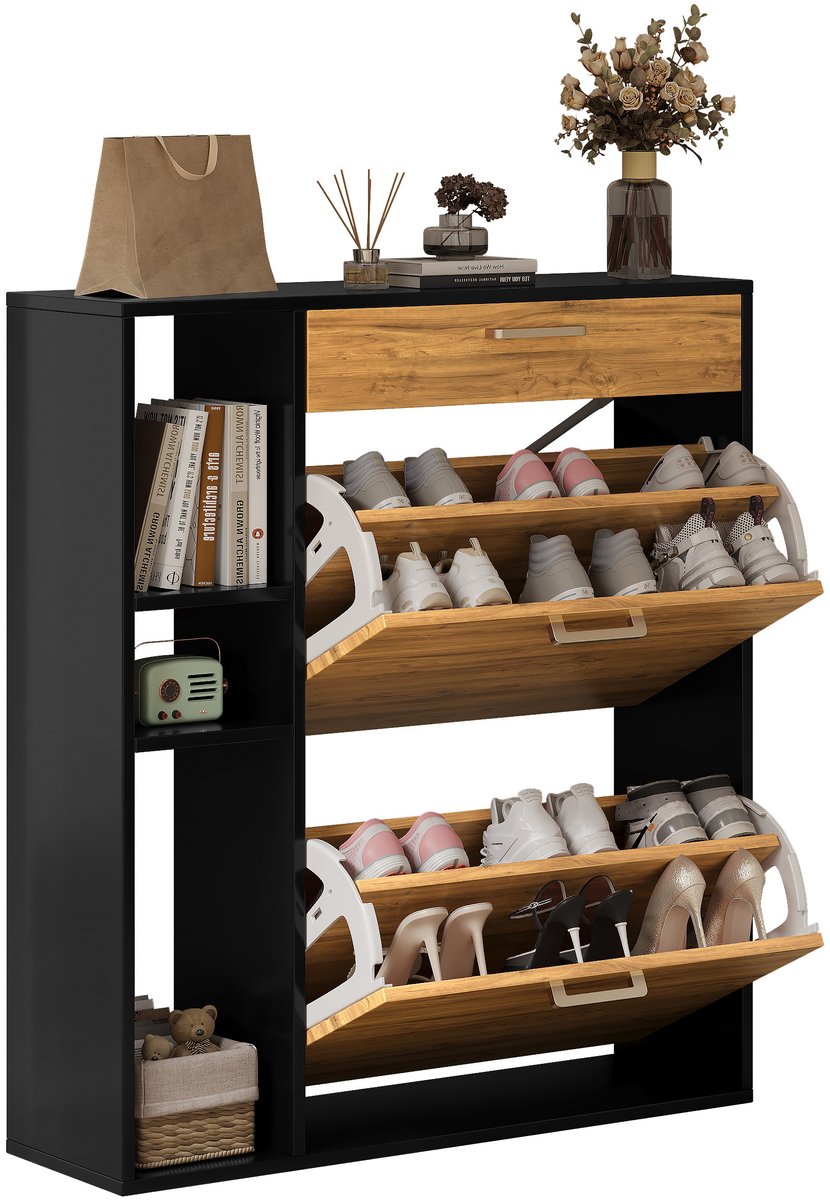 Schoenenkast - Zwarte schoenenkast - Schoenenkast met klapdeksel - Schoenenkast met dubbel scharnierend deksel en lades - Houten schoenenkast - Geschikt voor entrees, hallen en woonkamers90.5x80x24cm