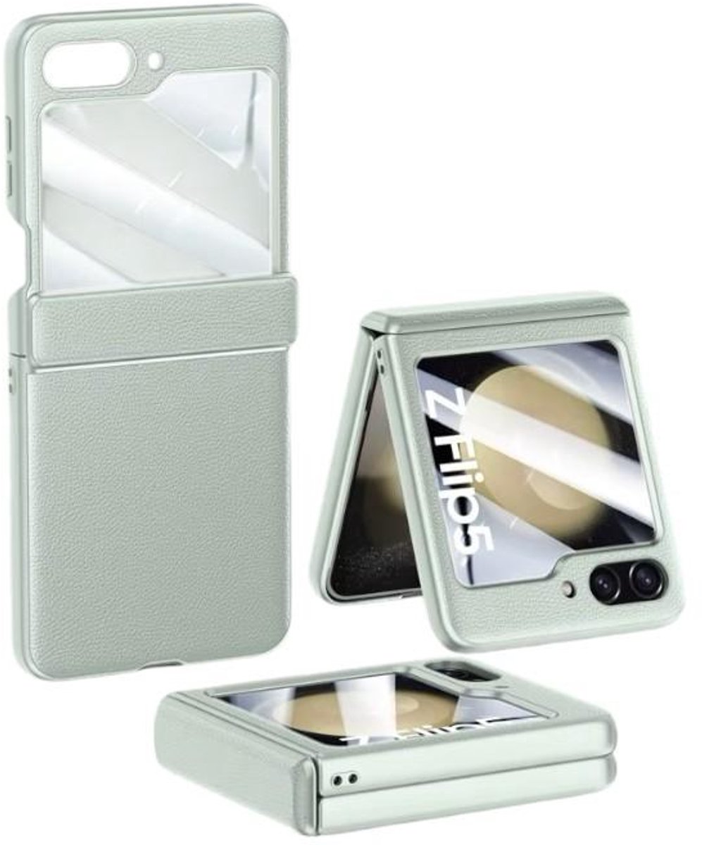 Samsung Z Flip 5 Hoesje compatibel met Samsung Galaxy Z Flip 5 Gsm leer Externe Glazen Schermbeschermer
