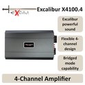Grijze Excalibur X4100.4 4-kanaals versterker met informatie over vermogen, frequentie en impedantie. Krachtig geluid, flexibel ontwerp.
