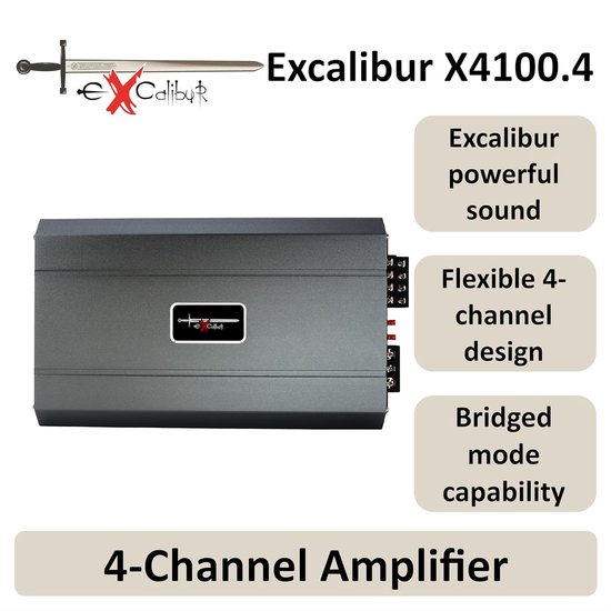 Grijze Excalibur X4100.4 4-kanaals versterker met informatie over vermogen, frequentie en impedantie. Krachtig geluid, flexibel ontwerp.