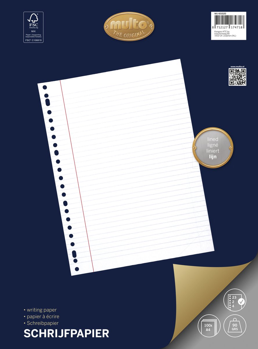 Multo - Ringbandpapier - A4 - gelijnd - 23 rings - 90 grams - 100 vel - MU-601520