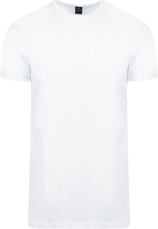 Witte t-shirt met korte mouwen en ronde hals, zonder opdruk.