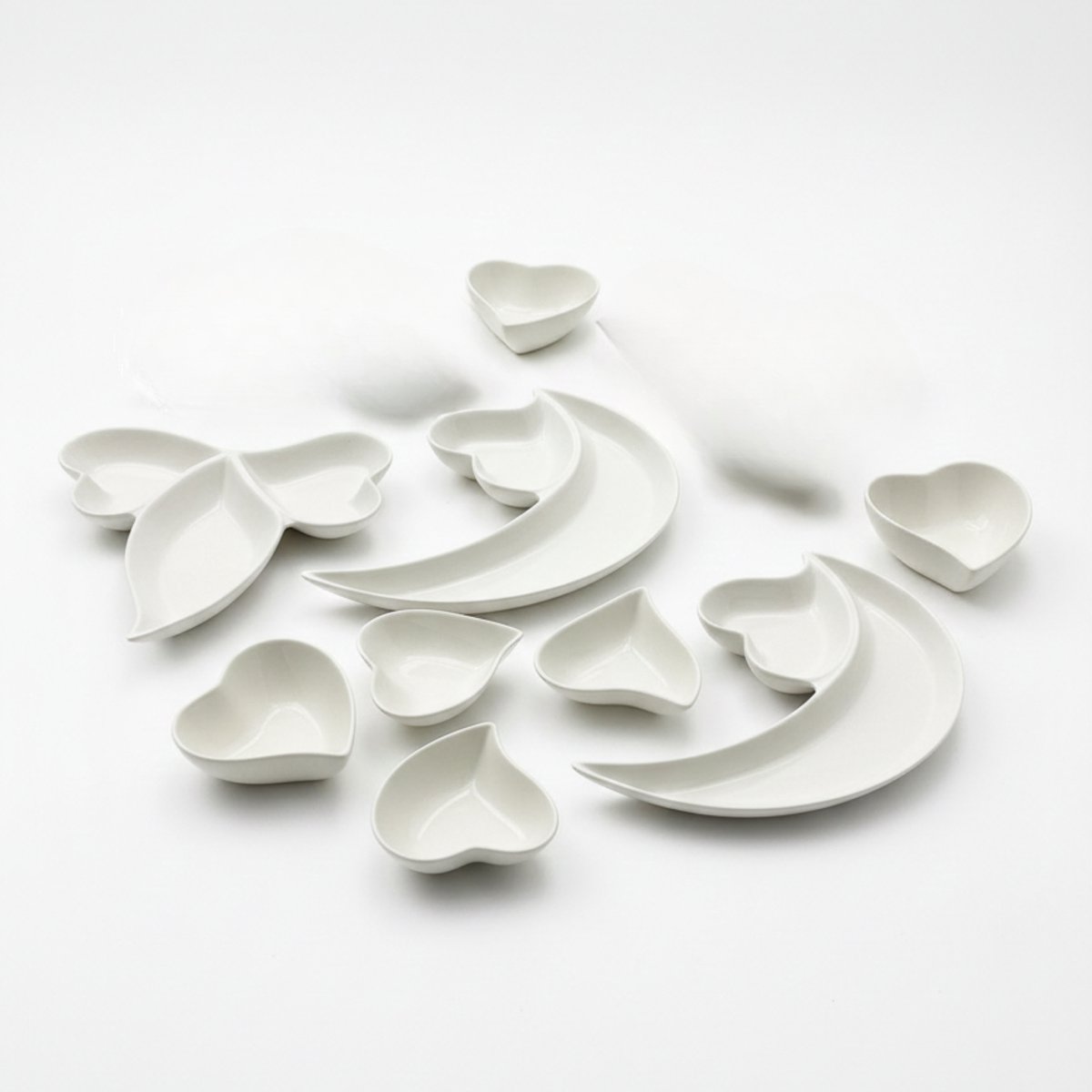 9-delige Serveerschalen Set van Keramiek – Luxe Witte Schaaltjes met Hart- en Maanvorm – Tapas, Borrel & Hapjesschalen voor Snacks, Dips en Desserts – Design Serveerset voor Tafelserveren, Thuisgebruik, Catering, Horeca, Restaurants & Eetcafés — cadeau in Kookcadeaus - foto 2