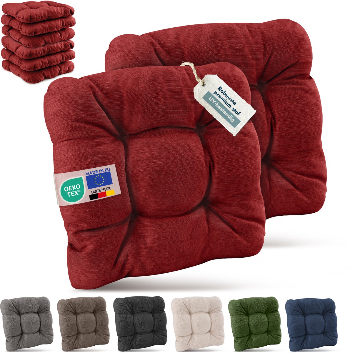 Beautissu HighLux SK Set van 8 Premium Stoelkussen 40x40 cm Rood UV-bestendig & Robuuste Zitkussen Stoel Outdoor 8 cm dik Tuin Stoel Kussen voor Balkonstoel Tuinstoel Zitkussen Indoor Rood 8x