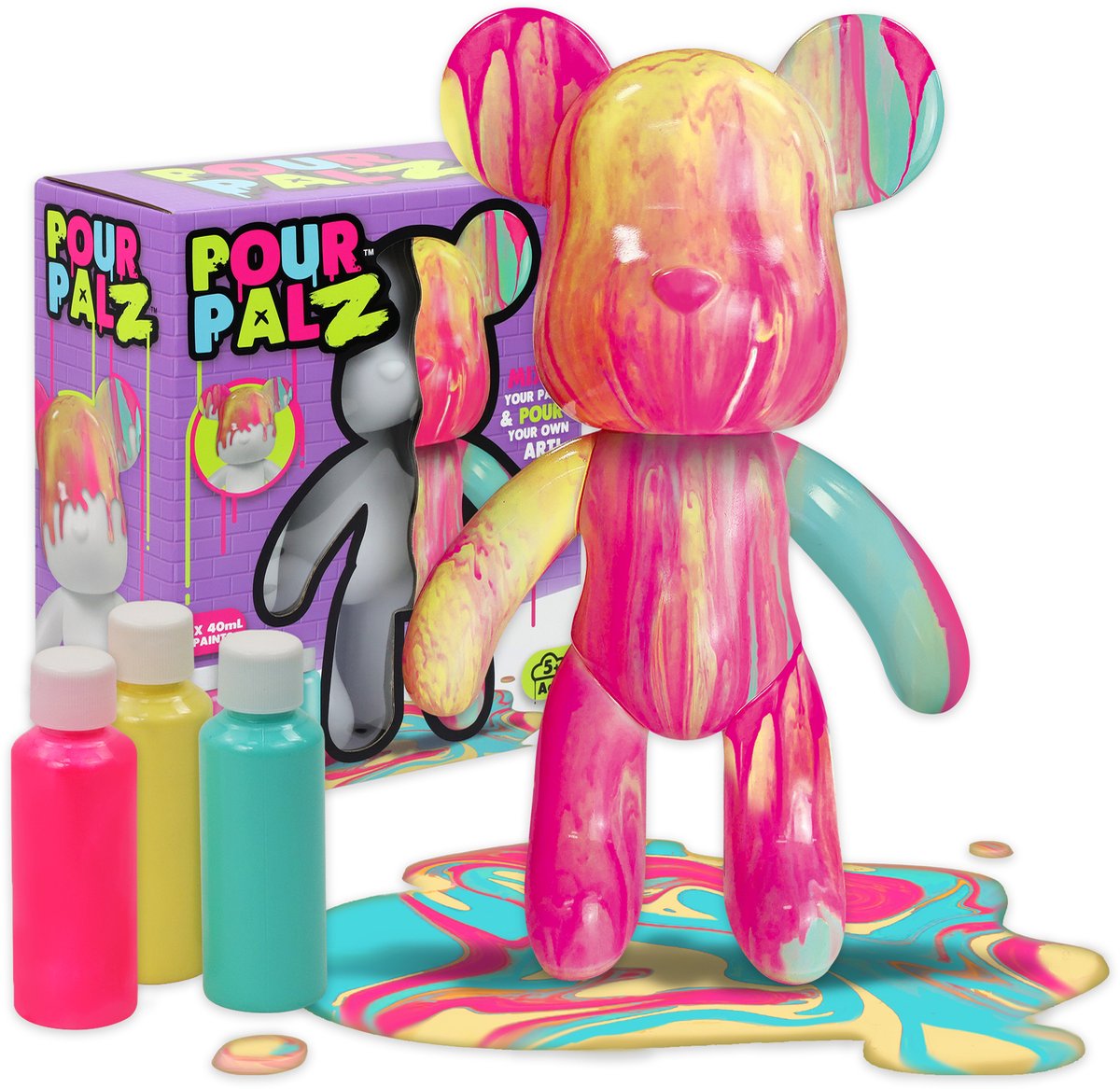 Pour PalZ Large Paint Bear 'Bubblegum Pop' - Gietverfset (roze, geel, turquoise)
