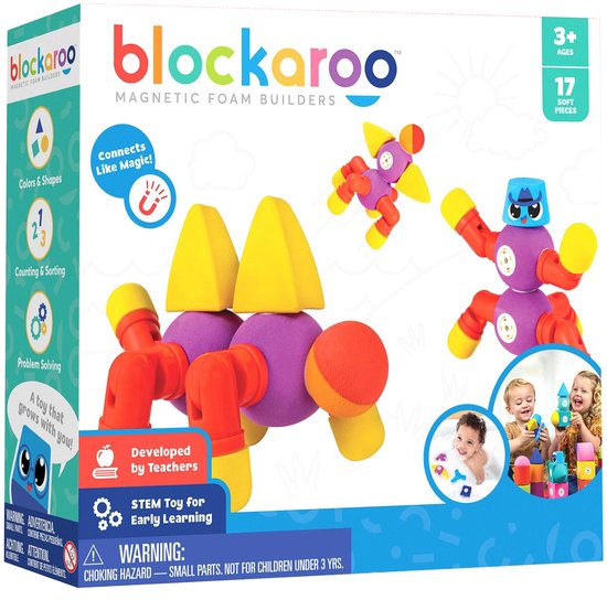Een Blockaroo doos met paarse, oranje, gele en blauwe magnetische bouwstenen in de vorm van een spin, robot en vliegend object.