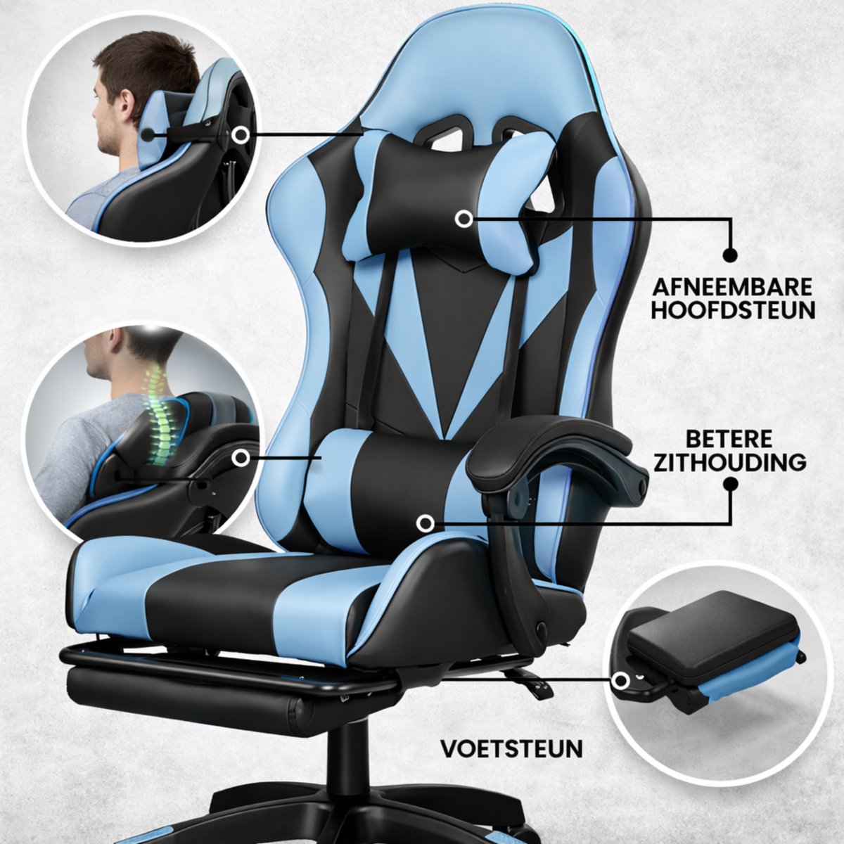 Bayt Gamestoel - Gaming chair - Gamingstoel - Comfort gamer stoel - Zwart en Lichtblauw – foto 4