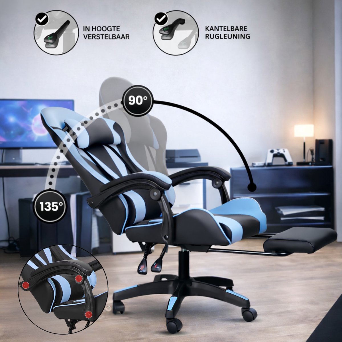 Bayt Gamingstoel Ergonomisch Zwart en Lichtblauw - afbeelding 2