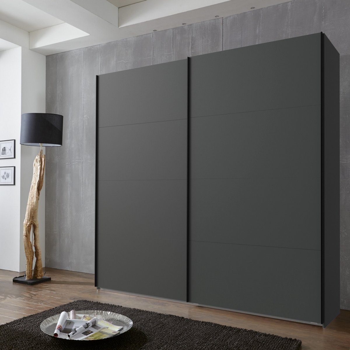 Kledingkast Rocco - Houtvezelplaat - Donkergrijs - 180x210x65 cm (BxHxD) - Schuifdeuren