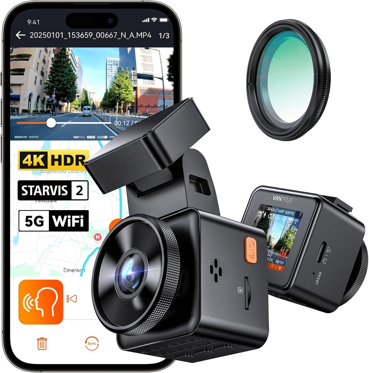 VANTRUE E1 Pro 4K Mini Dash Cam Voorkant, STARVIS 2 Plate Pix™ HDR Nachtzicht Autocamera, 5G WiFi GPS, 1,54'' scherm, LTE,Spraakbesturing, 24H Gebufferde Parkeermodus