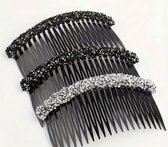 Set van 3 haar kammen – 1 zilverkleurige strass kam + 2 zwarte strass kammen – kunststof decoratieve haaraccessoires met fijne tanden – geschikt voor dames – ideaal voor opsteekkapsels