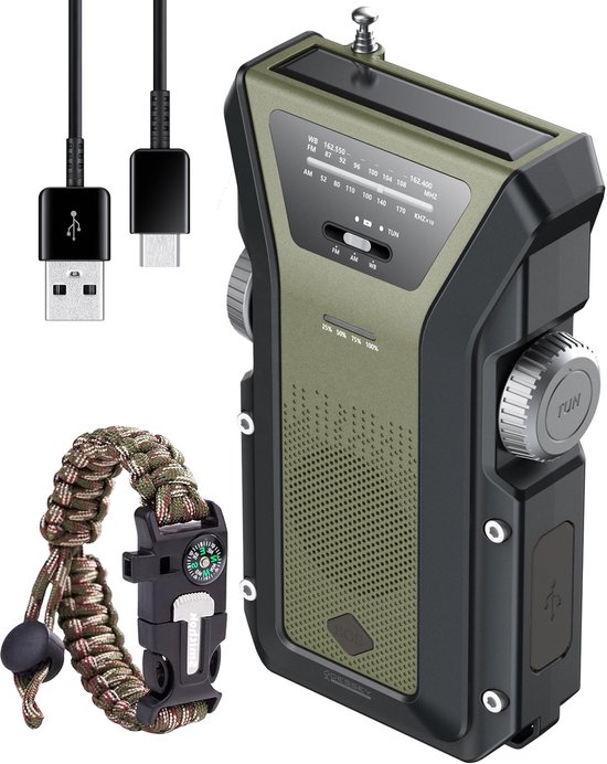 ODESSEY Noodradio Solar Opwindbaar - 4.000mAh Powerbank - Zaklamp - Draagbare Radio - Noodpakket