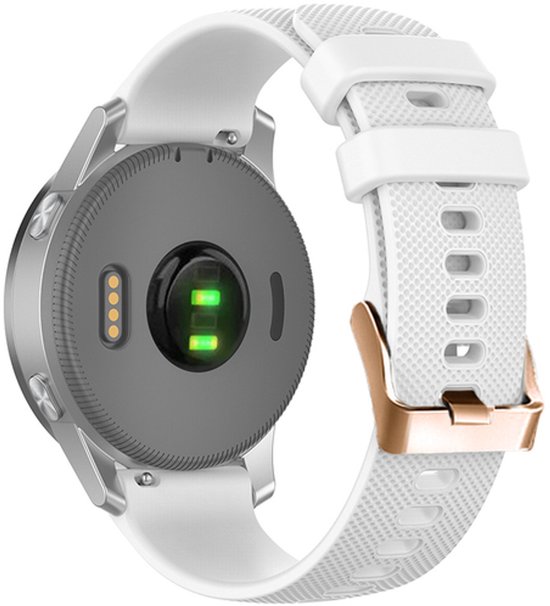 Achterkant van een wit smartwatchbandje met roségouden gesp en hartslagsensor.